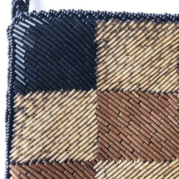 VTG Hand Beaded Shoulder Bag Checkered Gold Black - Picture 3 of 11